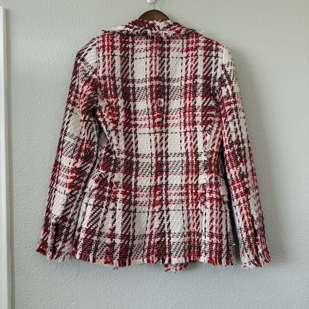 RARE Zara Red White Tweed Blazer Rhinestone Jewled abutting Double breasted XS - Picture 6 of 17